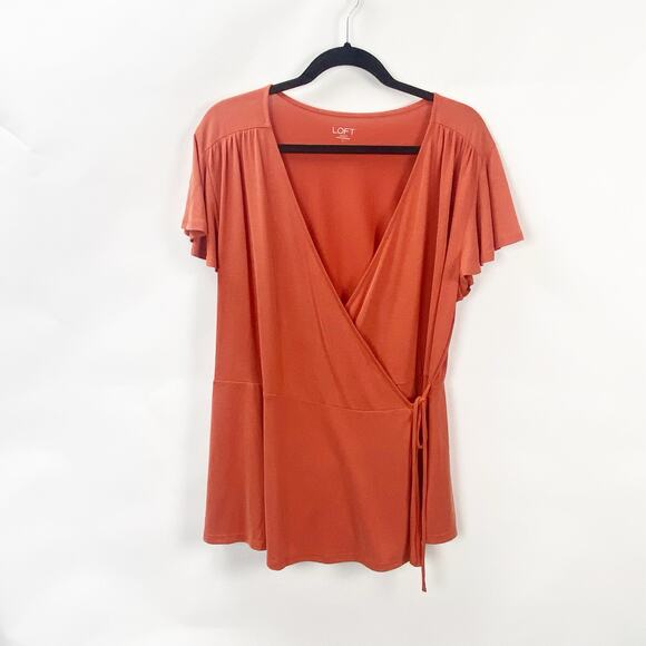 2/$30 LOFT Large Womens Orange Short Sleeve Surplice V-Neck Wrap Blouse Top - Picture 3 of 10